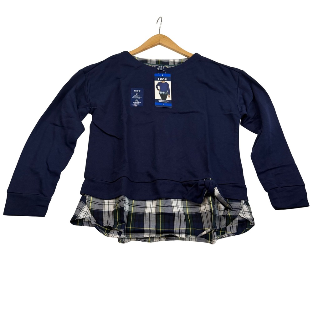 IZOD Womens Navy Blue Plaid 2-in-1 Side Tie Sweatshirt Layered Top Size L NEW